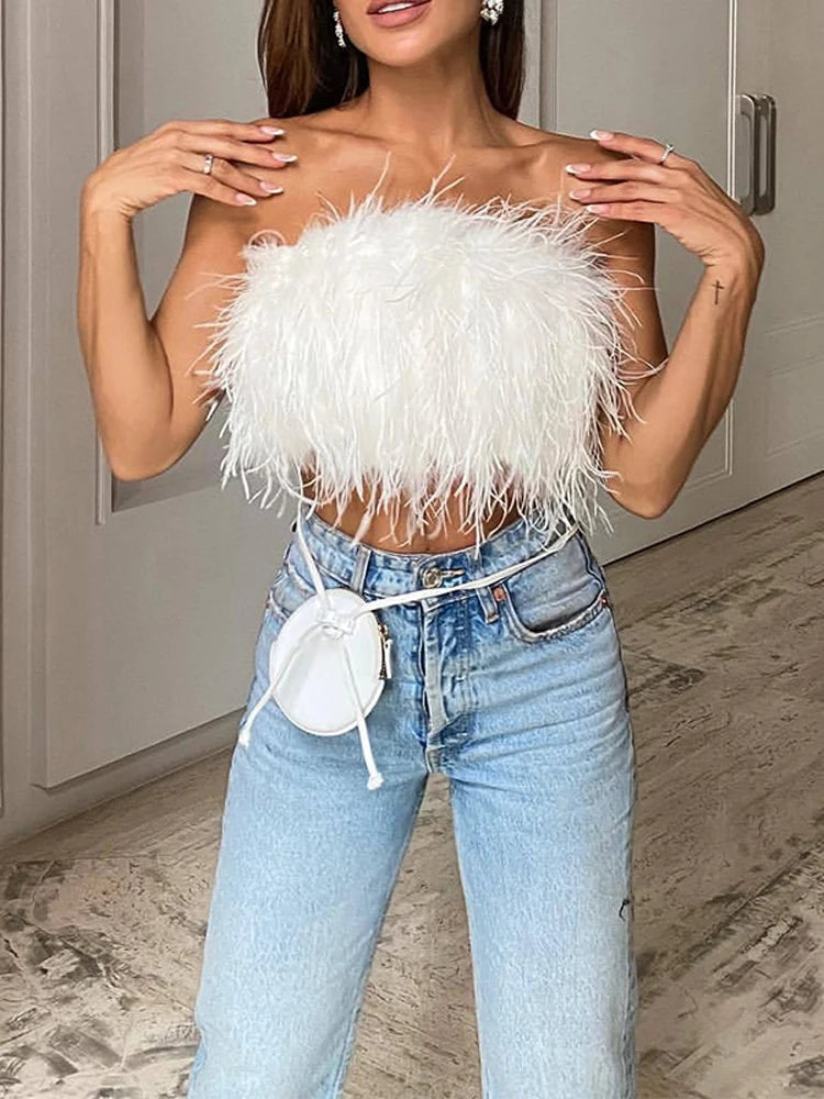 Vintage Furry Feathers Bandeau Tube Top