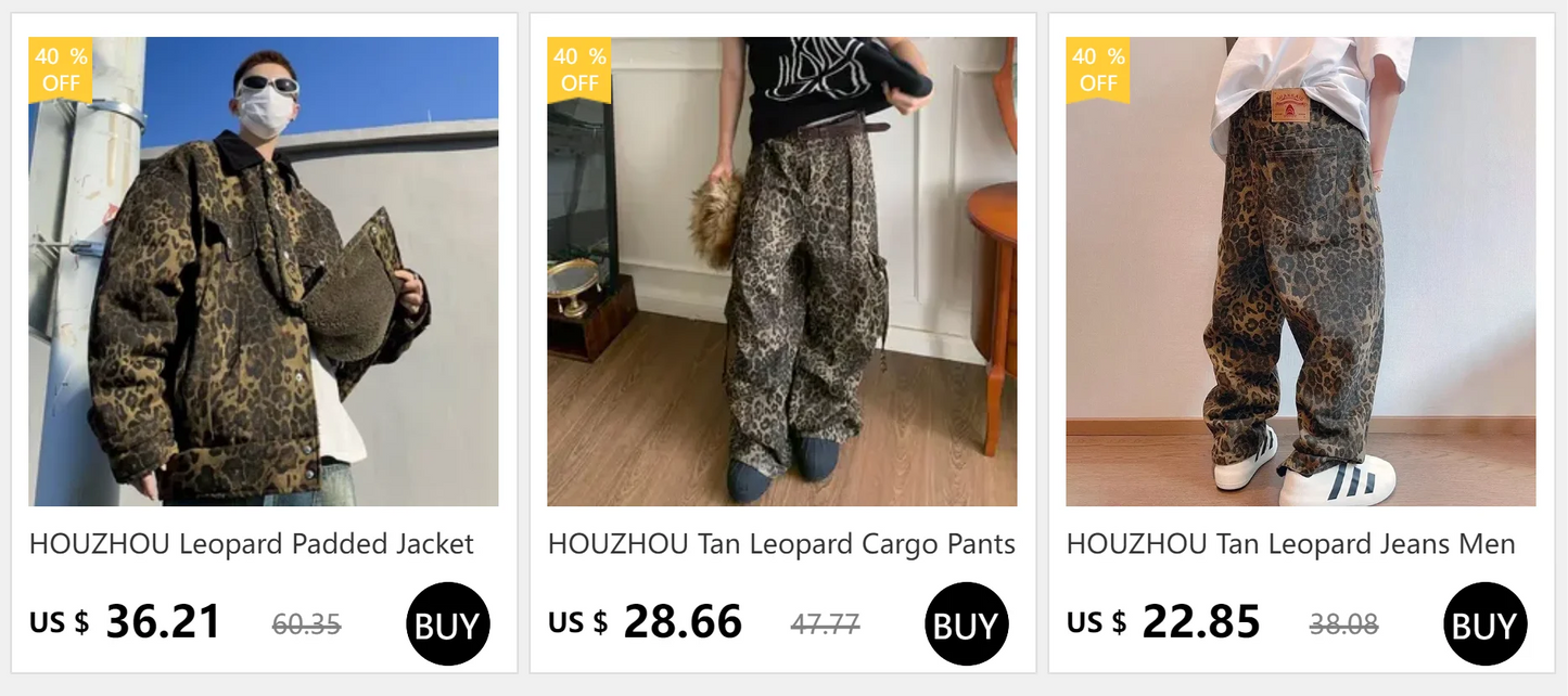 Tan Leopard Cargo Pants Men Y2K Parachute