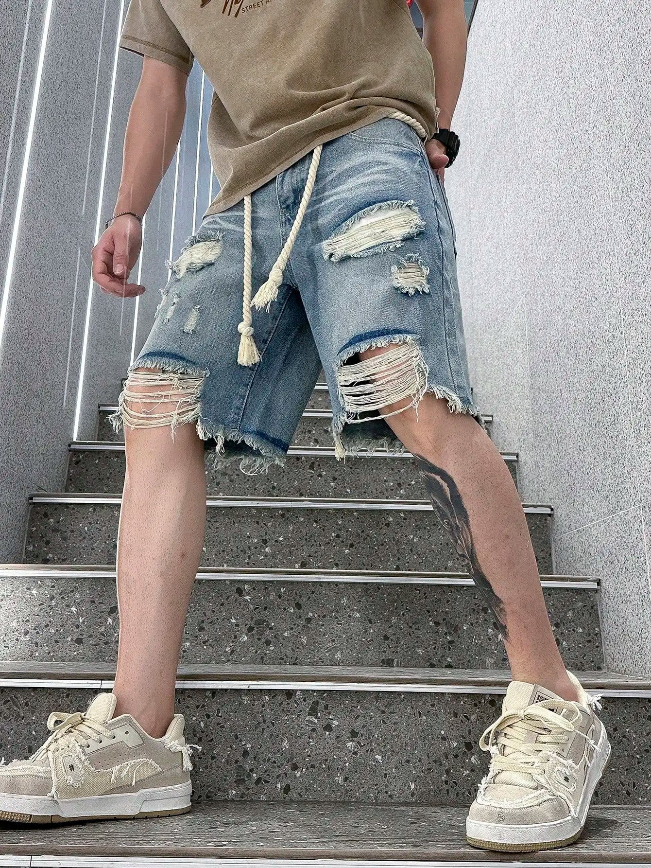 Men Streetwear Style Ripped Denim Shorts