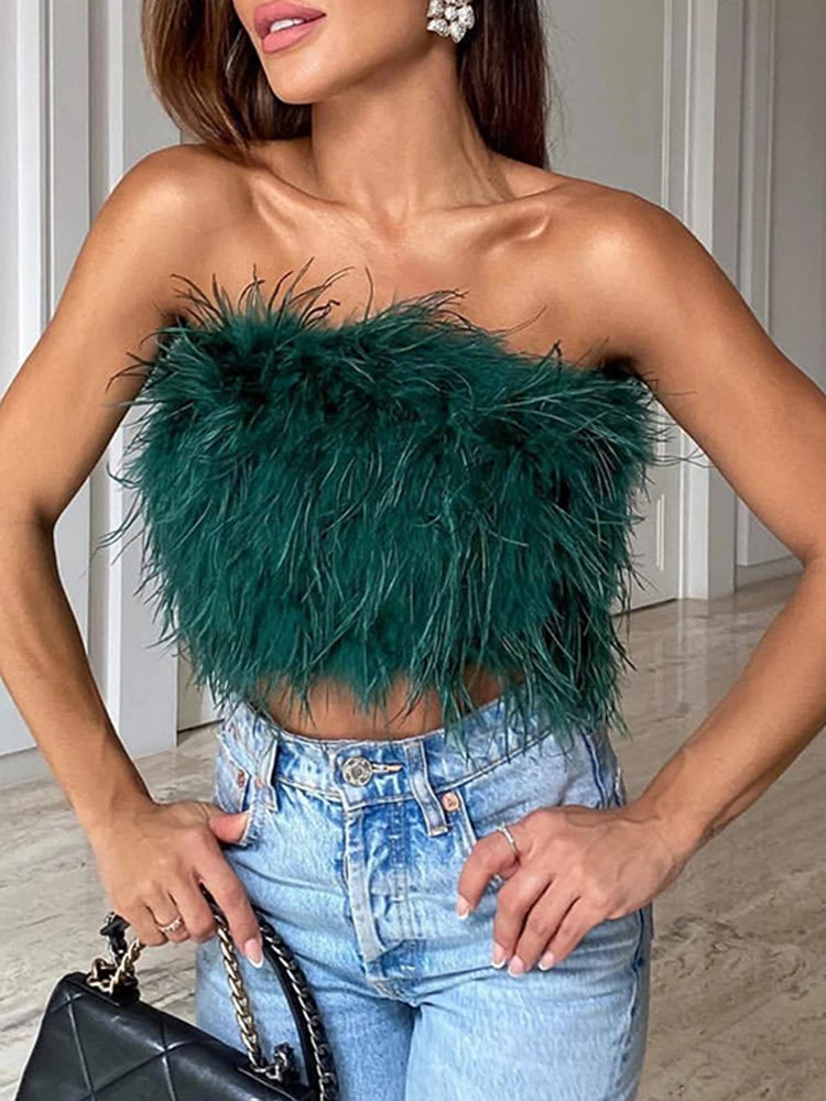 Vintage Furry Feathers Bandeau Tube Top