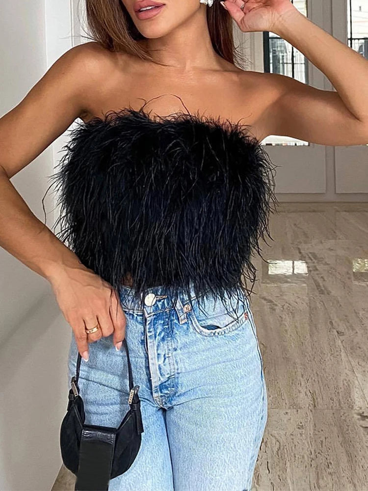 Vintage Furry Feathers Bandeau Tube Top