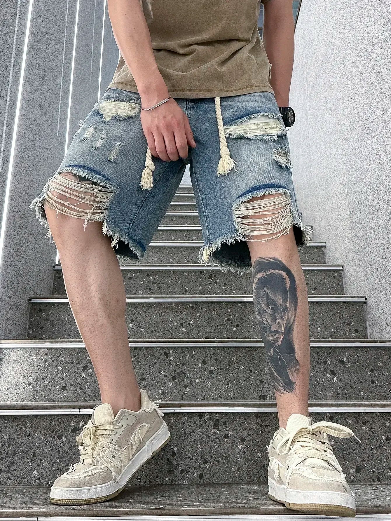 Men Streetwear Style Ripped Denim Shorts